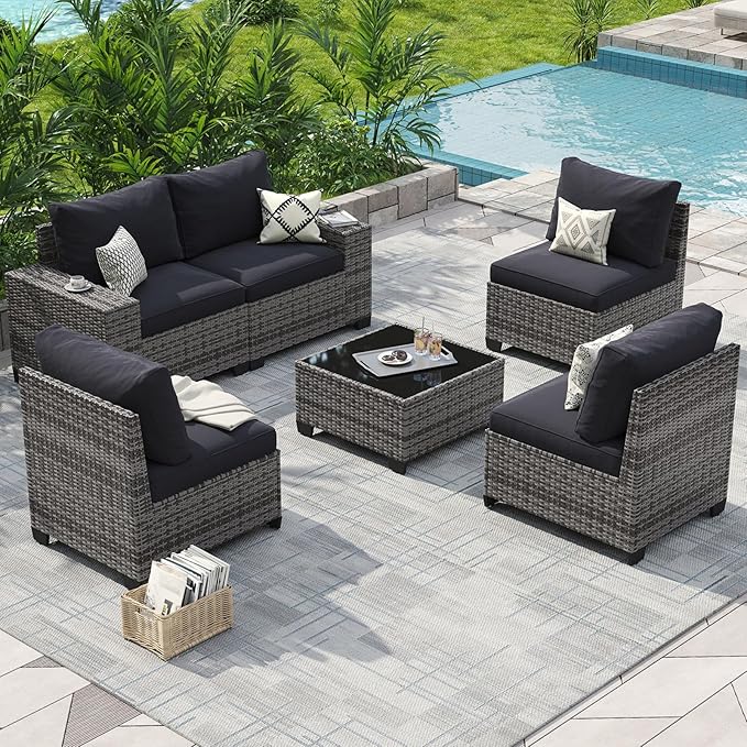 Aoxun Patio Furniture Set, 6 Pcs Outdoor Patio Furniture Sets with 4in Thicken Cushion, Widen Armrests Wicker Outdoor Sectional for Backyard