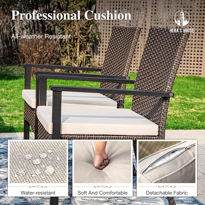 HERA'S HOUSE 5 Pieces Patio Dining Set,Outdoor Dining Set for 4,4 x Rattan Armchair with Removable Soft Cushions and 1 x 42 Inches Round Metal Dining Table, Suitable for Lawn, Garden, Backyard, Deck