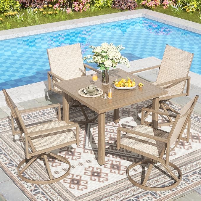 NATURAL EXPRESSIONS 5 Piece Outdoor Patio Dining Set with 4 Swivel Dining Chairs & 38'' Square Woodgrain Dining Table, Gray Textilene Mesh Fabric Chair for All Weather Deck Lawn Garden