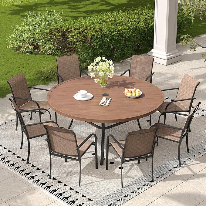 Patio Table and Chairs Set for 8, Outdoor Dining Set with 8 Stackable Dining Chairs and 53" x 53" Metal Slatted Round Dining Table for Porch, Deck, Lawn, Garden, Brown & Walnut