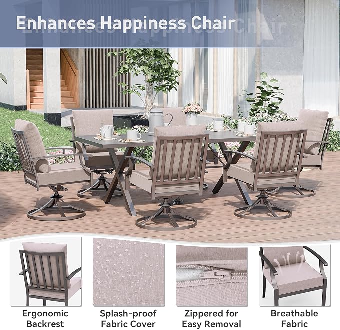 Kurapika 7 Pieces Patio Dining Set Outdoor Furniture with 6 Swivel Chairs, Metal Patio Furniture Set 6 Chairs and Large Table with Umbrella Cutout for Yard Porch Deck, Sand