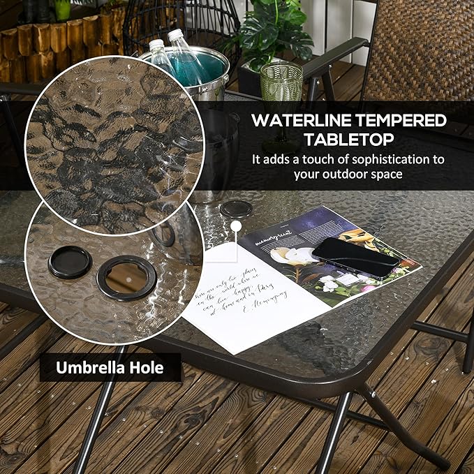 Outsunny 5 Pieces Wicker Patio Dining Set, Foldable Outdoor Table and Chairs, Wicker Furniture Dining Set with Umbrella Hole, Tempered Glass Table, Dark Brown
