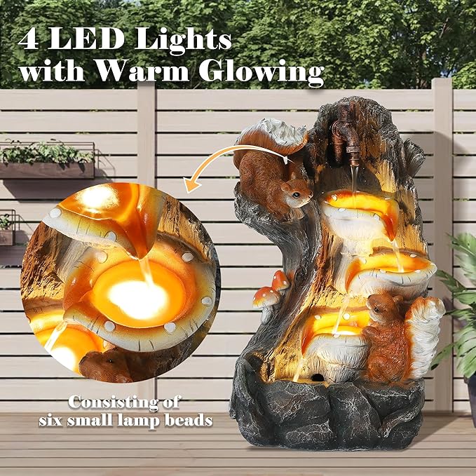 4-Tiers Indoor/Outdoor Garden Water Fountain - 22" Modern Cascading Water Fountains, Freestanding Resin Waterfall Fountain with 4 LED Lights, Squirrel & Mushroom for Deck Patio Porch Yard