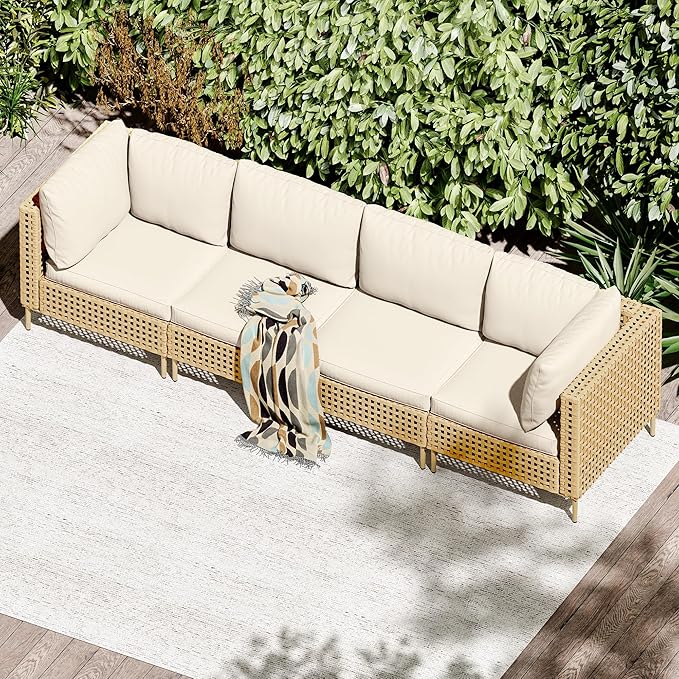 LHBcraft 4 Piece Wicker Patio Furniture Set Boho, Modular Outdoor Couch, Outdoor Conversation Set Sectional Sofa with Water Resistant Fluffy Cushions and Coffee Table, Beige