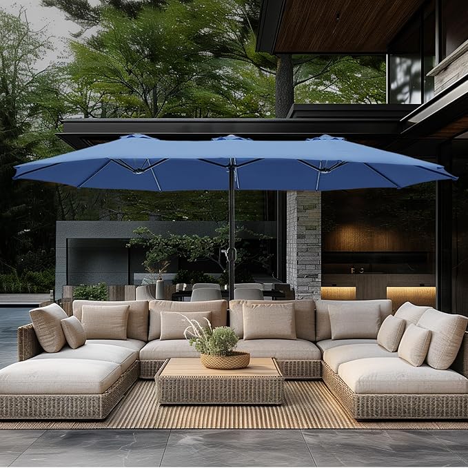 GREEN PARTY 15 ft Rectangular Patio Umbrella with Base Included, Large Double-Sided Outdoor Table Umbrella with Crank, 1.9" Pole UPF 50+ UV Resistant for Pool Deck Backyard Garden, Haze Blue