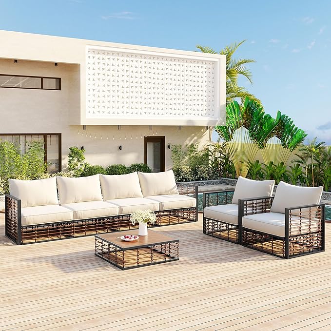 Modern Minimalist 7-Piece Metal Patio Sectional Sofa Set, All-Weather Garden Conversational Furniture Set with Thick Cushions and Coffee Table for Indoor Outdoor (Dark Grey#26)