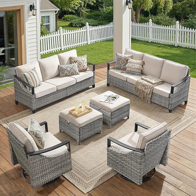 6 Piece Wicker Patio Furniture Sets-High Back Wicker Swivel Rocker Patio Chairs Set of 2 with Thick Cushions Ottomans, Outdoor Sofa, Patio Conversation Sets for Porch Balcony Patio Deck Grey/Beige