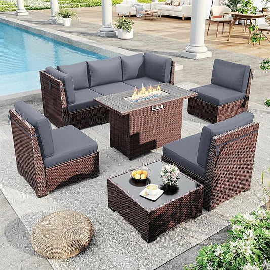 Outdoor Patio Furniture Set with 44" Fire Pit Table 8 Pieces Rattan Patio Sectional Sofa Conversation Set w/55000 BTU Propane Gas Fire Pit, Coffee Table, 2 Waterproof Covers, Grey