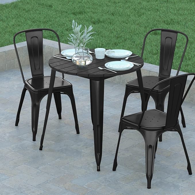 EMMA + OLIVER Drew Dining Table - Black 30" Round Poly Resin Table Top - Black Steel Base - All-Weather for Indoor/Outdoor Use