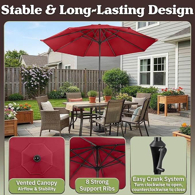 Pure Garden 9FT Round Patio Umbrella with 19lb Weighted Base - Easy Crank, Vented Canopy Outdoor Umbrella for Shade - for Deck, Balcony, Porch, Backyard, or Pool (Maroon Red)