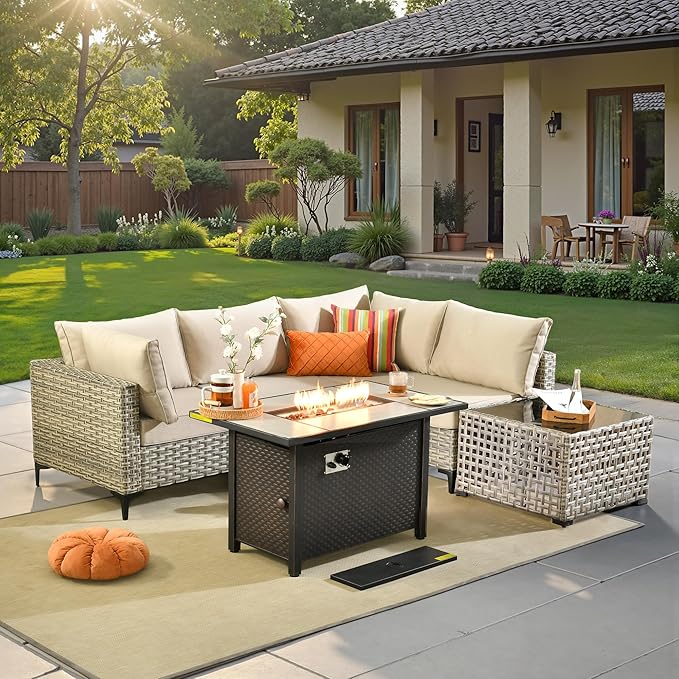 6 Pcs Patio Furniture with Fire Pit Table, Outdoor Rattan Wicker Conversation Set with Glowing Coffee Table, Comfy Sectional Sofa for Porch Balcony Backyard Pool, Beige