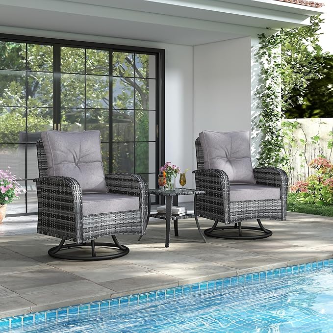 Kromax Outdoor Patio Furniture Set, All-Weather Wicker Swivel Glider Chairs Set of 2 with Coffee Table Table & Thick Machine Washable Cushions for Backyard, Garden, Porch, Grey/Grey