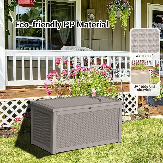 DRATO 320 Gallon Deck Box, Outdoor Large Waterproof Resin Storage Box with Lockable Lid for Patio Cushions, Gardening Tools (Gray, 320 Gallon)