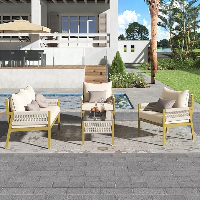 4-Piece Rope Patio Furniture Set, Outdoor Furniture with Tempered Glass Table, Patio Conversation Set Deep Seating with Thick Cushion for Backyard Porch Balcony (Beige&Mustard Yellow)
