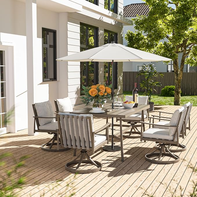 HAPPATIO 7-Piece Outdoor Dining Set for 6, Aluminum Patio Dining Set Includes 6 Swivel Dining Chairs and 1 Large Rectangular Table with Umbrella Hole, Patio Furniture Set for Lawn, Porch, Grey
