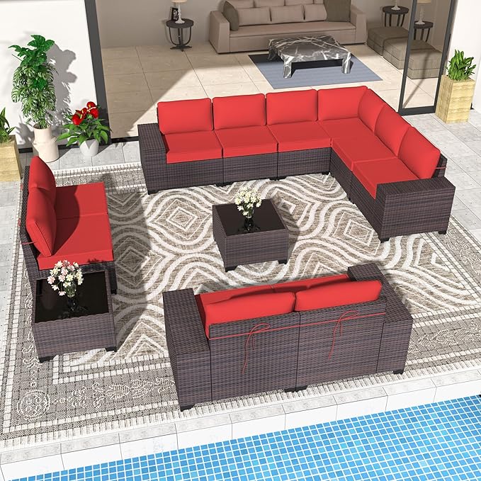 Patio Furniture Set 12 Pieces Outdoor Sectional Sofa Set,PE Rattan Wicker Patio Conversation Set with Thickened Cushions and Glass Coffee Table,Red