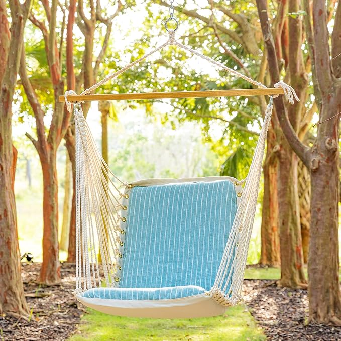 Original Pawleys Island Bella Dura Cushioned Single Swing – Harborview Surfside, Oak Spreader Bar, 350 lb Capacity, 24 in. x 24 in., Handcrafted in The USA