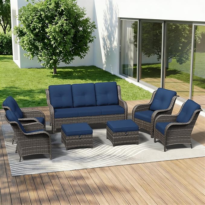 7 Piece Outdoor Wicker Patio Furniture Set, Patio Chairs Set with Thickened Olefin Cushions, High Back and Deep Seating, Hand-Woven PE Rattan, Ottoman for Porch, Deck