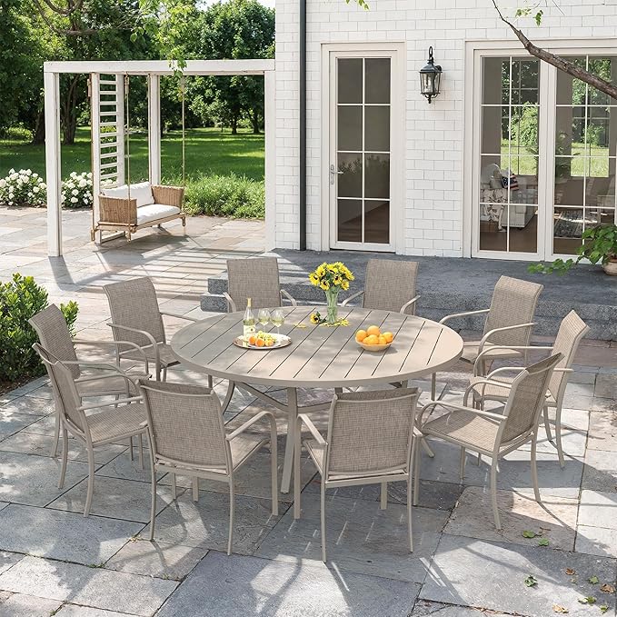 VICLLAX 11 Pieces Patio Outdoor Dining Set, 60" Round Metal Table with Umbrella Hole and 10 Stackable Textilene Chairs for Patio, Lawn, Garden, Porch, Sandshell