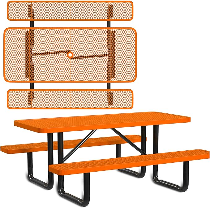 Leisure Craft Metal Picnic Table with Bench - 6 ft Rectangle Outdoor Dining Table for 6, Umbrella Hole, Weatherproof Heavy Duty Thermoplastic Coating, Commercial Grade Furniture Made in USA - Orange
