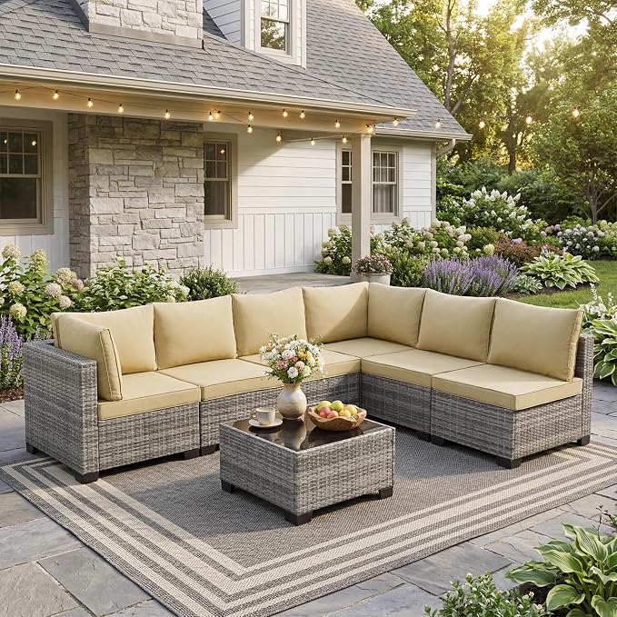 ANJ 7 Piece Outdoor Wicker Patio Furniture Set, Modular Loveseat Sofa with with Glass Top Coffee Table, All-Weather Rattan Conversation Couch Set for Balcony, Backyard, Light Grey Wicker-Camel