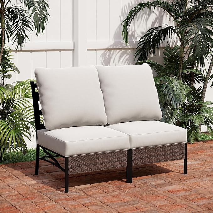 PHI VILLA Patio Sofa Outdoor Furniture, All-Weather Rattan & Metal 2 Seater Sofa with Cushions & Lumbar Pillows, Arm Lounge Loveseat for Patio, Balcony, Backyard, Deck, Poolside