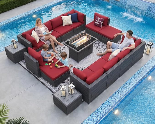 NICESOUL 15 Piece Outdoor Sectional with Fire Pit Table, Modern Luxury Patio Deep Seating w/Firepit, 29.3'' High-Back Wicker Couch Thick, Big High-Weight Capacity Sofa for Terrace, Yard, Gray & Red