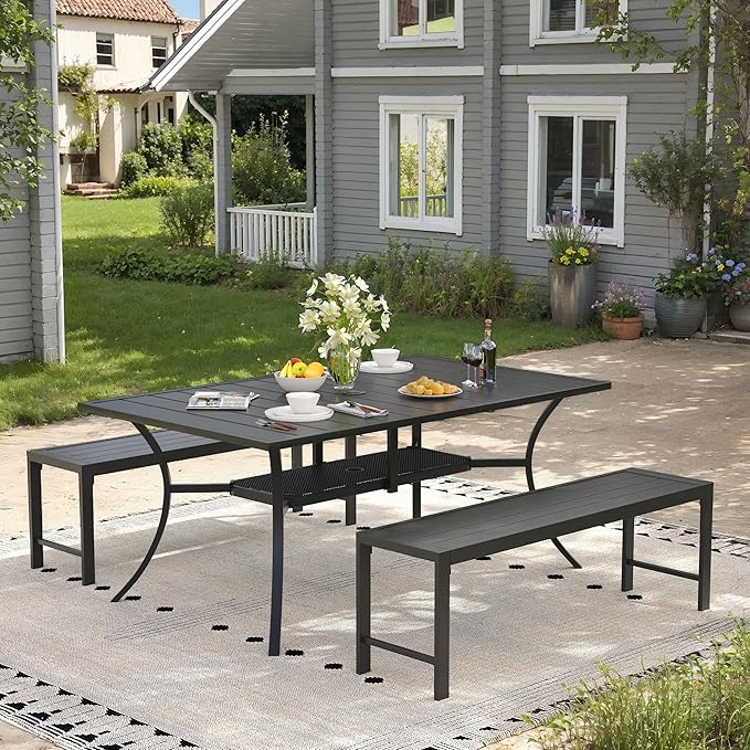 3 Pieces Outdoor Dining Set, 59.2" Patio Dining Table with 2 Metal Outdoor Backless Benches for Garden Lawn Backyard, Black