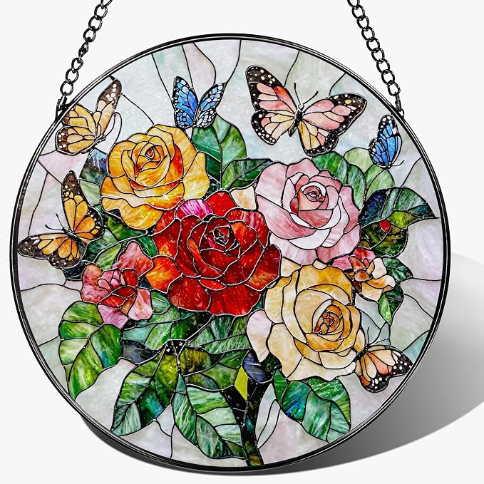 Butterfly & Rose Ornament: Stained Glass Suncatcher, Suncatcher for Window Decor, Stained Glass Window Hanging, Christmas Ornament, Gifts for Nature Lover, Women, Christmas, Mother's Day, Birthdays