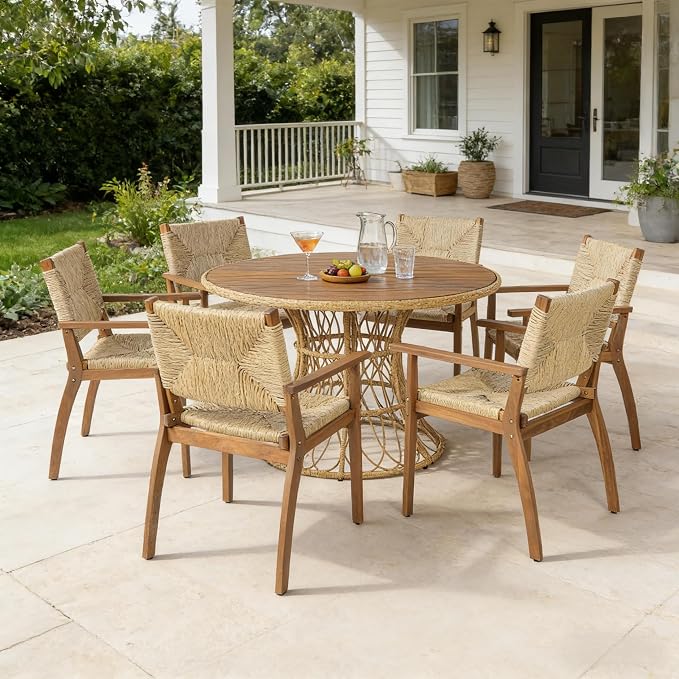IRONORA Natural Acacia Wood Top Round Patio Dining Table, Woven Rattan Hourglass Base Outdoor Bistro Table, 4-6 Person Wooden Slatted Top Table for Backyard Balcony Garden Coastal Decor
