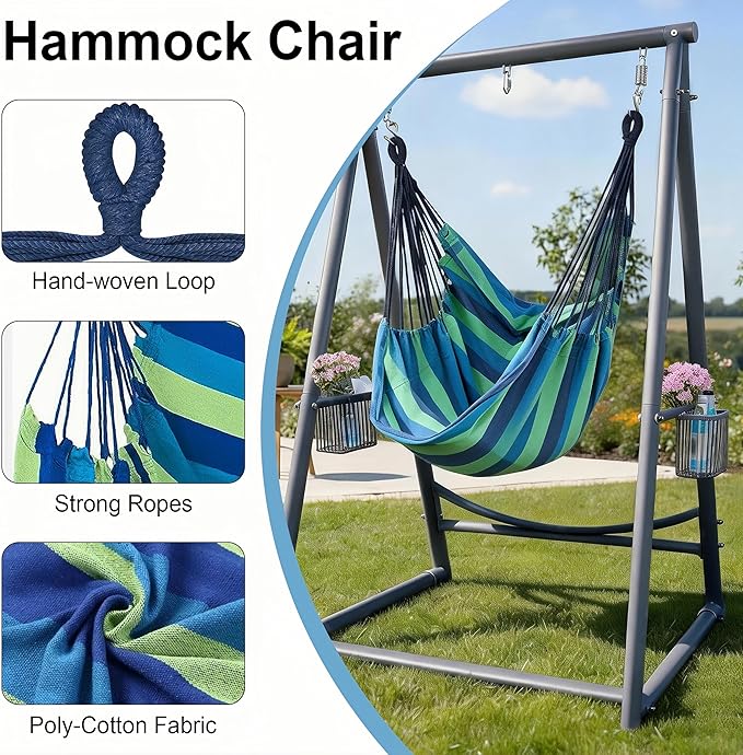 Hammock Chair with Stand Hanging Rope Swing Chair, Heavy-Duty Steel Max 350 LBS Capacity for Indoor Outdoor Patio Garden Balcony (Grey)