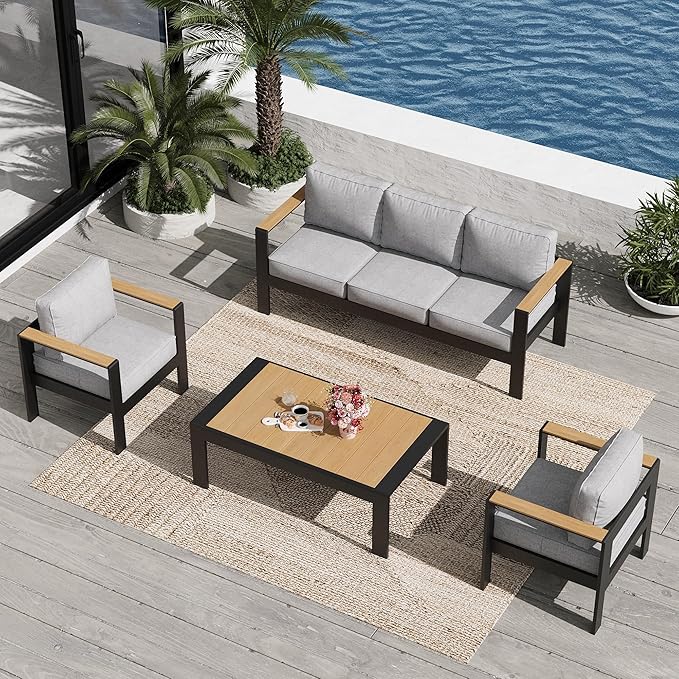Aluminum Outdoor Patio Furniture Sets, 4 Piece Metal Patio Conversation Sets with Coffee Table with 5 Inch Cushion for Garden Backyard Deck