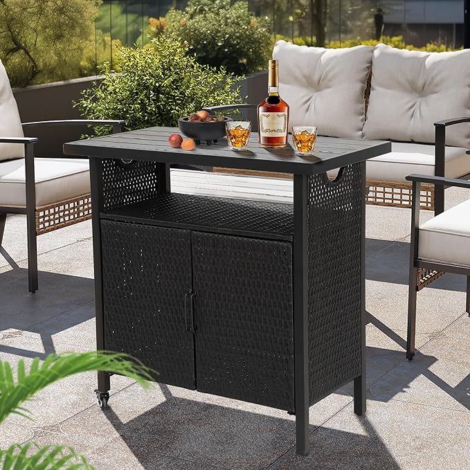 HOMEFUN Outdoor Bar Table Featuring Storage Cabinet: Wheeled Patio Serving Carts, Wicker Grill Cart Prep Station & Rolling Kitchen Island for Patio, Backyard and Outside Use, in Black