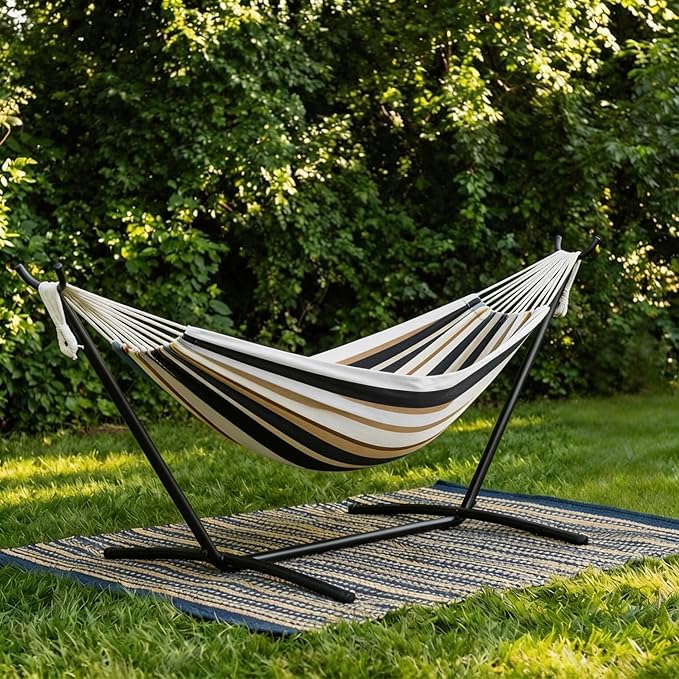 Double Hammock with Steel Stand - 2 Person Hammock Bed Indoor Outdoor, Brazilian-Style, with Carry Bag, 450lb Capacity, Portable & Easy Assembly, Coffee