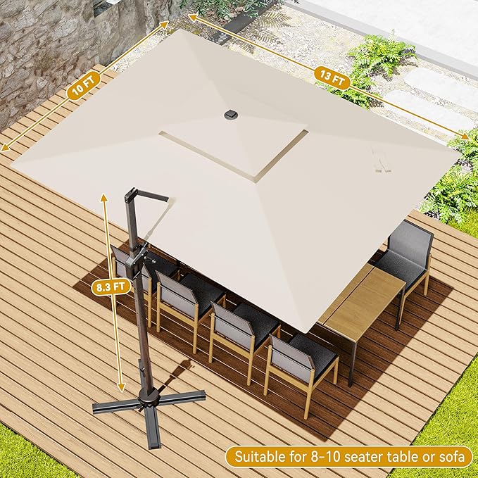 10x13 FT Cantilever Patio Umbrella with Led Lights Double Top Outdoor Rectangular Large Heavy Duty Aluminum Offset Umbrellas with 7 Level Tilt 360-degree Rotation for Pool Garden Deck, Beige