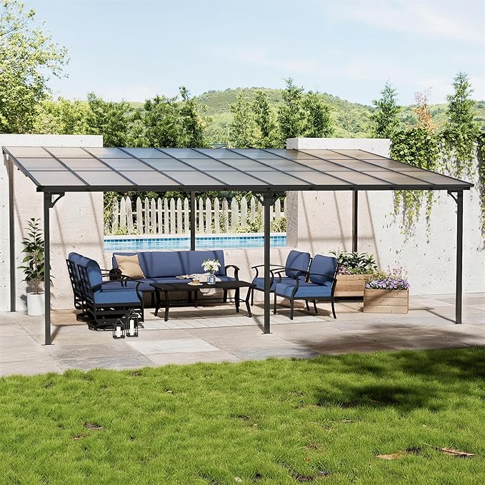 12' x 20' Lean to Gazeb,Hardtop Galvanized Steel Pergola with Sloped Polycarbonate Roof,Wall Mounted Gazebo Patio Canopy with Ground Anchor for Backyard Deck