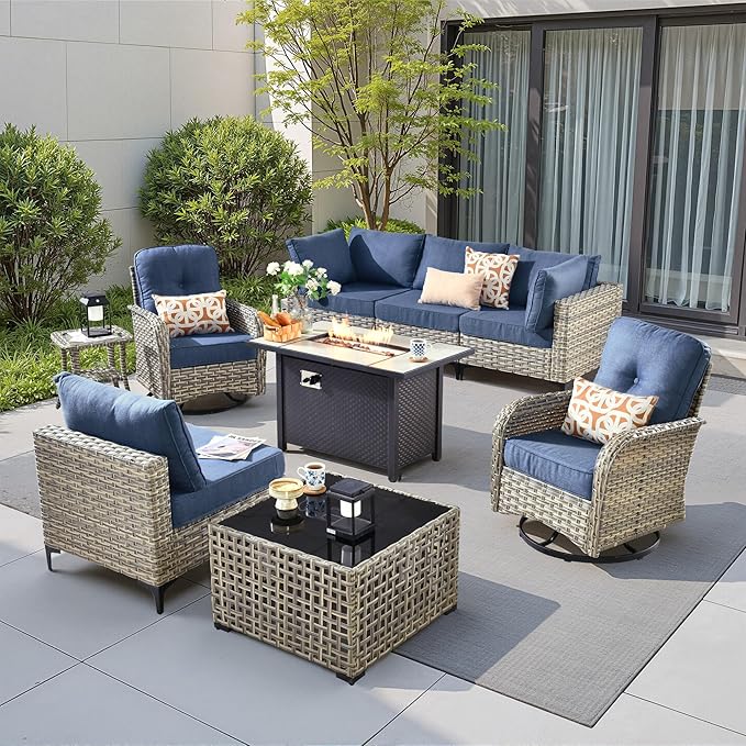 9 Pieces Outdoor Sectional Patio Furniture Set with 42" Fire Pit,Conversation Sets Rattan Wicker L Shaped Couch Swivel Rocking Chairs,Modular Outdoor Sofa for Porch Balcony Backyard Blue