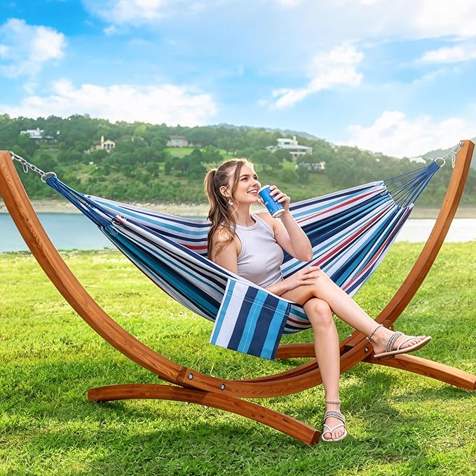 SUNCREAT Outdoor Hammock with Stand Included, Portable Hammock with 10 ft Wooden Stand, Blue Stripes