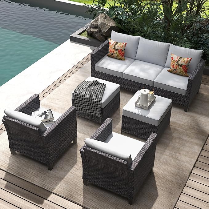 HOOOWOOO Patio Conversation Sets,5 Piece Wicker Outdoor Furniture Set with Ottoman,All Weather Resistant Modern Outside Out Door Rattan Couch Chairs Set,Light Gray