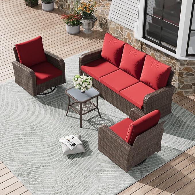HOMREST 4 Piece Wicker Patio Furniture Set, 360 Degree Outdoor Swivel Patio Chairs w/Coffee Table and 3-Seat Sofa, Small Patio Furniture Set for Garden, Deck and Poolside (Wine Red)