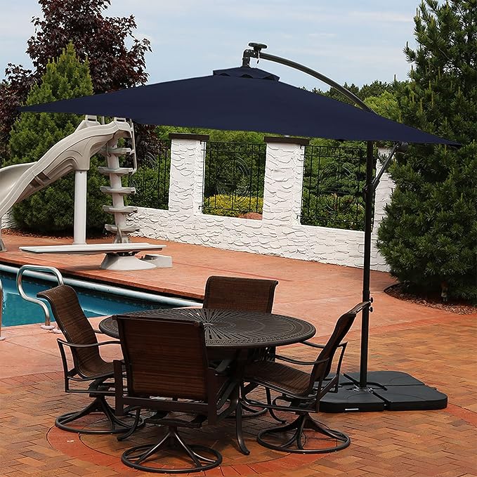 Sunnydaze 10' Solar Offset Patio Umbrella - Solar Cantilever Umbrella Outdoor with LED Lights - Polyester Shade, Air Vent, & Cross Base