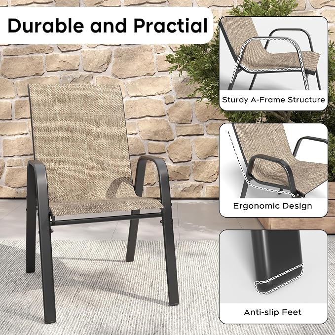 KEIKI 7-Piece Outdoor Patio Dining Set for 6, Waterproof Patio Table and Chair, 63" x 38" Rectangular Wood-Grain Metal Table with Umbrella Hole for Lawn Garden Backyard, Black+Brown