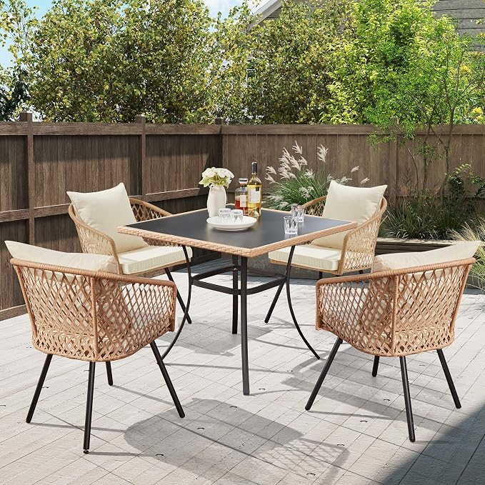 ECOTOUGE 5-Piece Outdoor Dining Table Chair Set, All-Weather Wicker Dining Set for 4, 4 Cushioned Chairs & Glass Table for Garden, Deck, Backyard(Yellow/White)