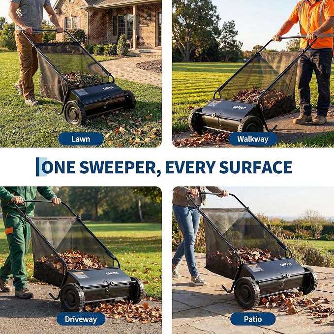 Garvee 26 Inch Push Lawn Sweeper, Walk Behind Leaf Grass Collector with 7 Cu ft Hopper Bag, Carbon Steel Frame, Yard Sweeper with Adjustable Brush Height for Garden Patio Driveway Leaves Cleanup