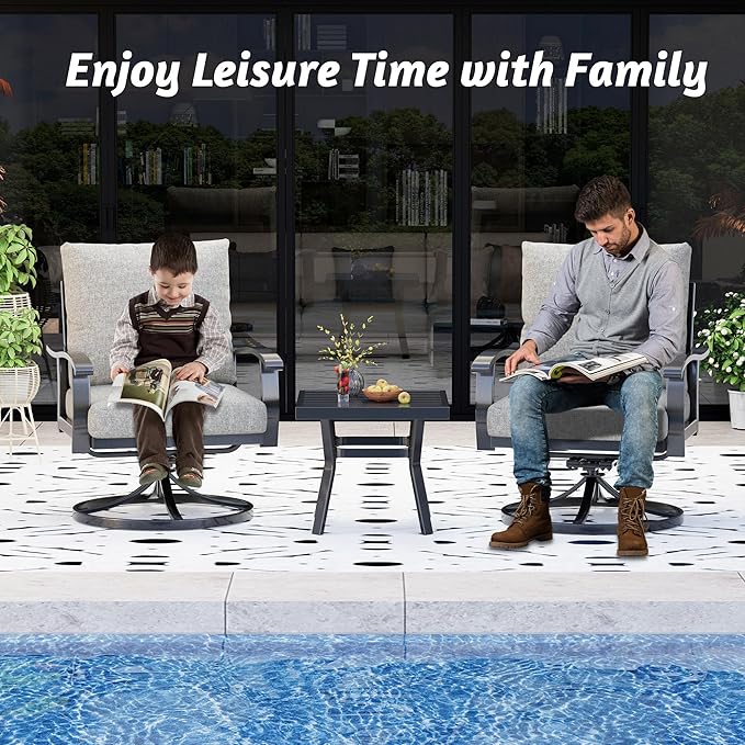 HOMREST Outdoor Swivel Rocker Patio Chairs with Coffee Table 3 PCS Bistro Set, 360 Degree Swivel Rocking Chair Patio Conversation Set with Thickened Cushions for Garden, Deck and Poolside