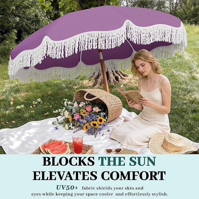 AreShark 7ft Patio Umbrella with Fringe, UPF50+ Beach Umbrella for Table, Pool & Garden, Portable Outdoor Tassels Umbrella w/Fiberglass Ribs&Push Bottom Tilt(Lavender)