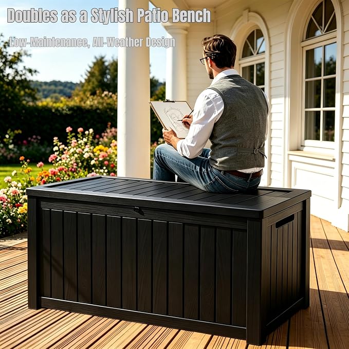 MAKINO 197 Gallon Large Resin Outdoor Storage Box, Waterproof Deck Box, Lockable Deck Container with Reinforced Support, Outdoor Chest for Patio Accessories, Outdoor Cushions, Garden Tools, Black