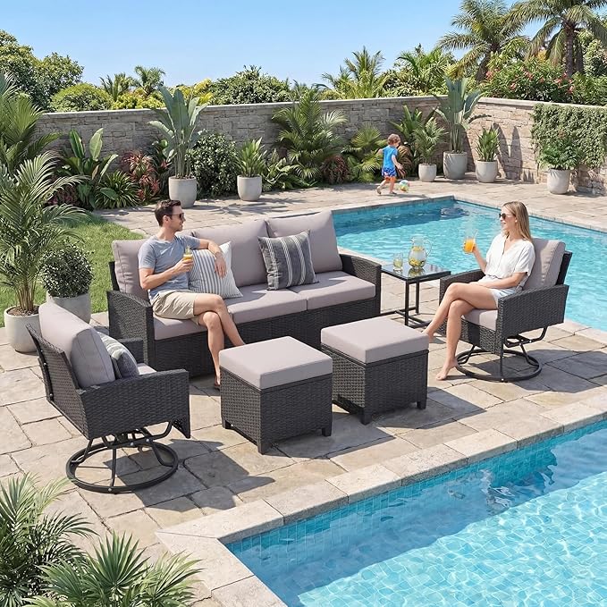 6 Piece Outdoor Furniture Set, Rattan Patio Furniture with 2 Swivel Chairs, 3-Seat Sofa, 2 Ottoman & Side Table, All-Weather Conversation Set for Porch Garden Lawn Balcony (Black & Gray)