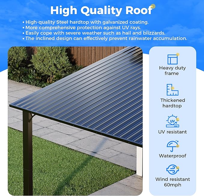 AirWire 10'x10' Lean to Gazebo, Hardtop Pergola with Metal Roof, Wall Mounted Heavy Duty Canopy Awning for Backyard, Deck and More