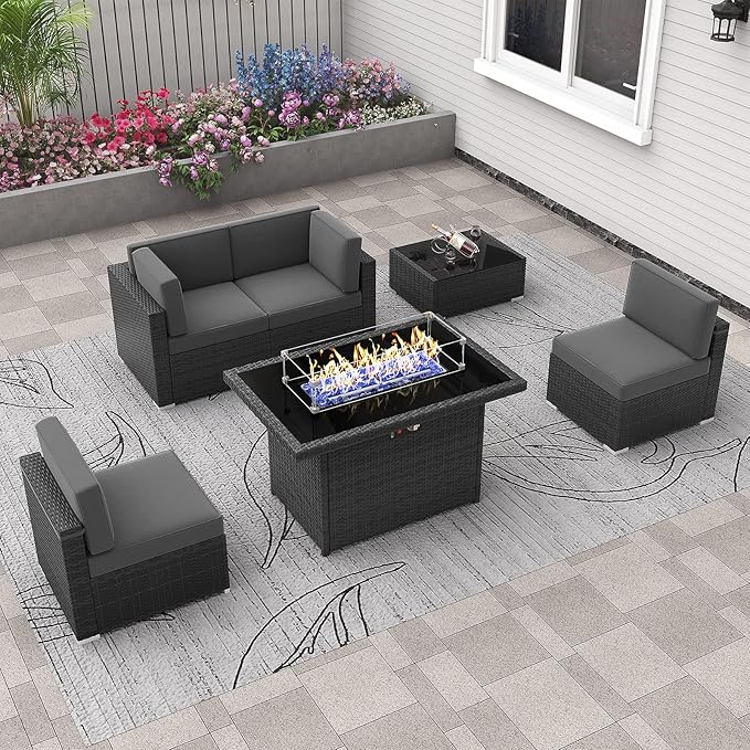 6 Pieces Patio Furniture Set with 44" Propane Gas Fire Pit Table, Outdoor Sectional Wicker Conversation Sofa Sets with Coffee Table
